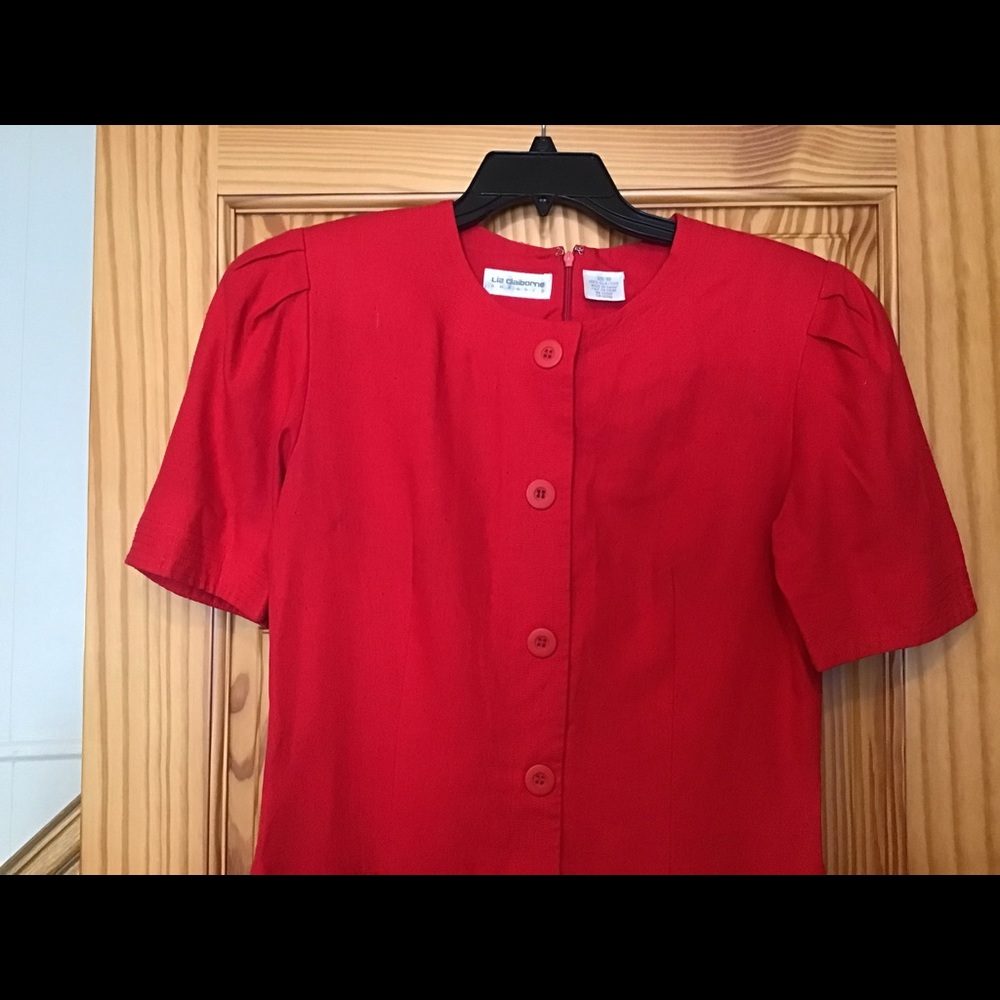 VINTAGE RED LIZ CLAIBORNE RAW SILK DRESS sz 10 - 80’s 90’s PLEATS - Picture 3 of 10